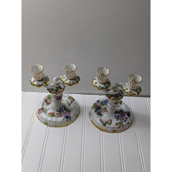 Herend Queen Victoria Green Border Double Candlesticks Set of 2 - Picture 1 of 16